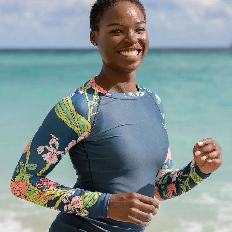 Women's UPF 50 Rash Guard Swim Shirt - Blue Seychelles Floral Shiny One-Piece Swimsuit Women's UPF 50 Rash Guard Swim Shirt - Blue Seychelles Floral Shiny One-Piece Swimsuit