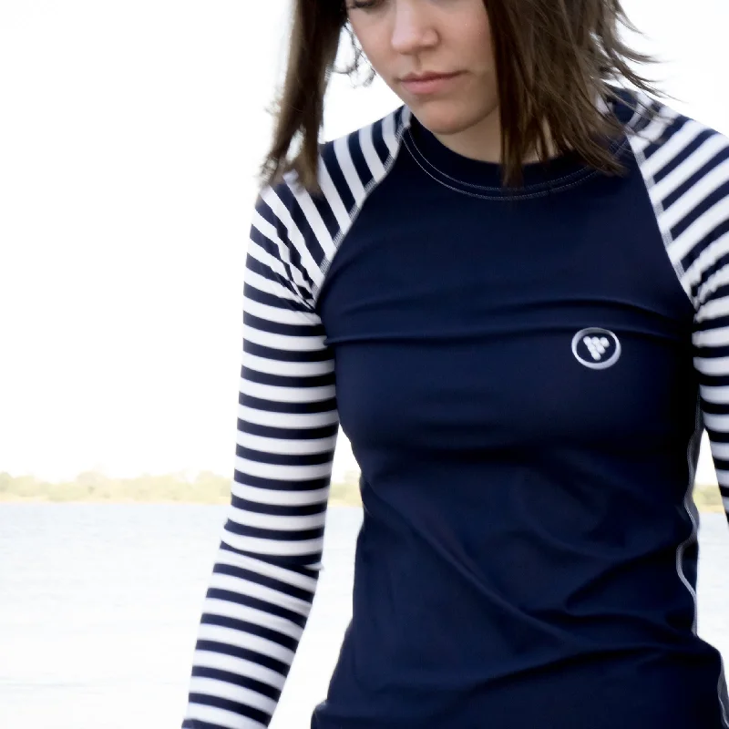 Women's UPF 50+ Swim Sun Shirt Rash Guard, Navy White Stripe Modern High-Waisted Swimsuit Women's UPF 50+ Swim Sun Shirt Rash Guard, Navy White Stripe Modern High-Waisted Swimsuit