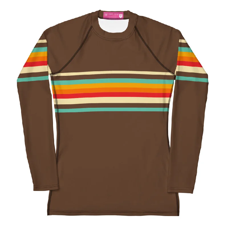 70s Vintage Stripe UPF 50 Long Sleeve Surf Rash Guard - UPF 50 Sun Protection Swim Shirt - Brown Crisscross Back Swimsuit 70s Vintage Stripe UPF 50 Long Sleeve Surf Rash Guard - UPF 50 Sun Protection Swim Shirt - Brown Crisscross Back Swimsuit