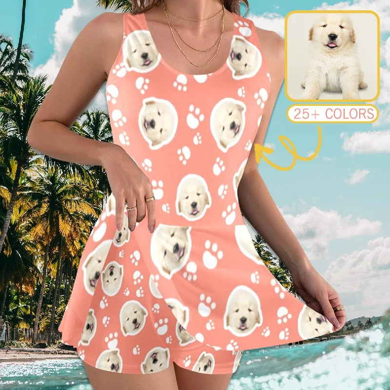 25+ Colors Custom Face Paw Two-piece Swimming Dress, Custom Face Swimwear, Photo Beachwear for Her Retro Swimwear Style