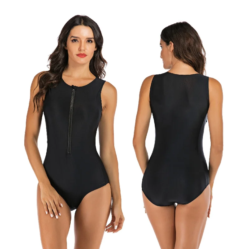 Black Sleeves Women One Piece Swimsuits Sleek Racerback Swimsuit