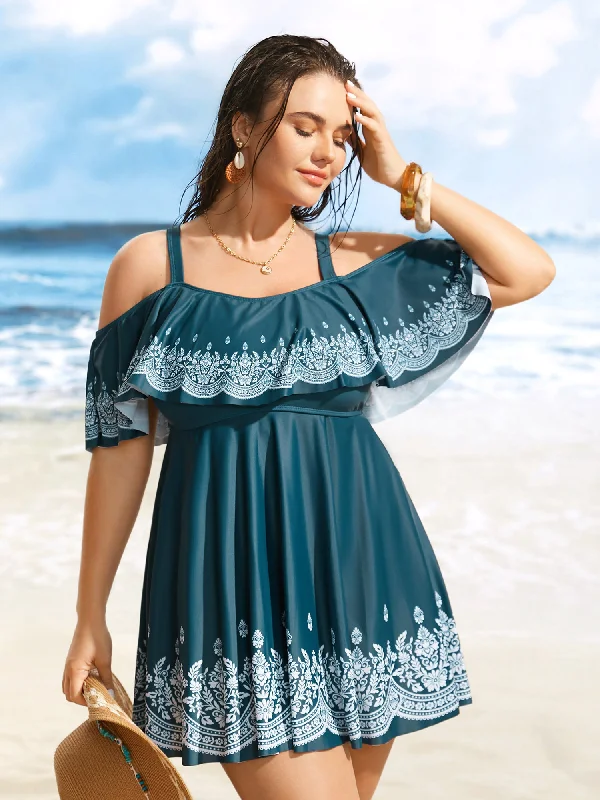 Boho Print Off Shoulder Ruffle Trim Swim Dress Halter Neck Swimsuit