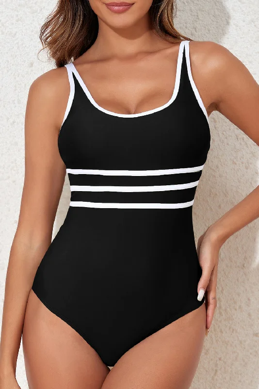 Contrast Trim Scoop Neck One-Piece Swimwear Strap Bikini Set