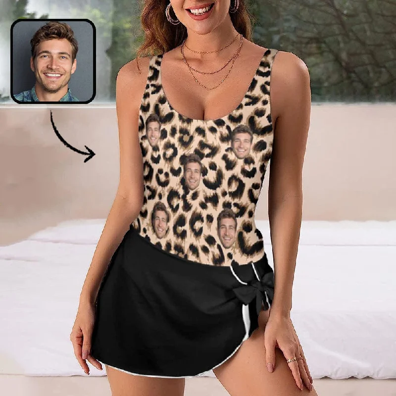 Custom Face Leopard Pattern Top Women's One Piece Skirted Swimsuit Monokini Swimsuit Design