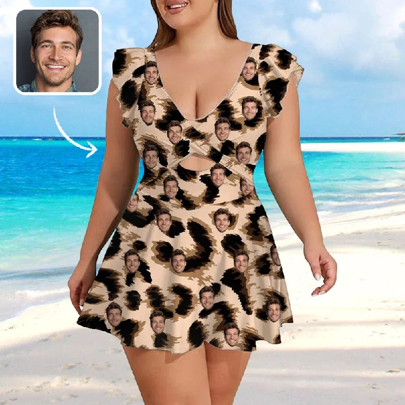 Custom Face Leopard Pattern Women's Ruffle Sleeve Skirted Swimsuit Push-Up Bikini Bottoms