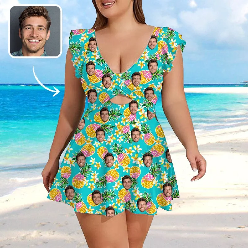 Custom Face Plants & Pineapples Women's Ruffle Sleeve Skirted Swimsuit Full Coverage Swimsuit