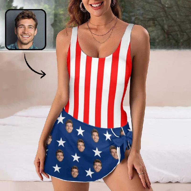 Custom Face Stripes & Stars Women's One Piece Skirted Swimsuit Comfortable Swim Dress