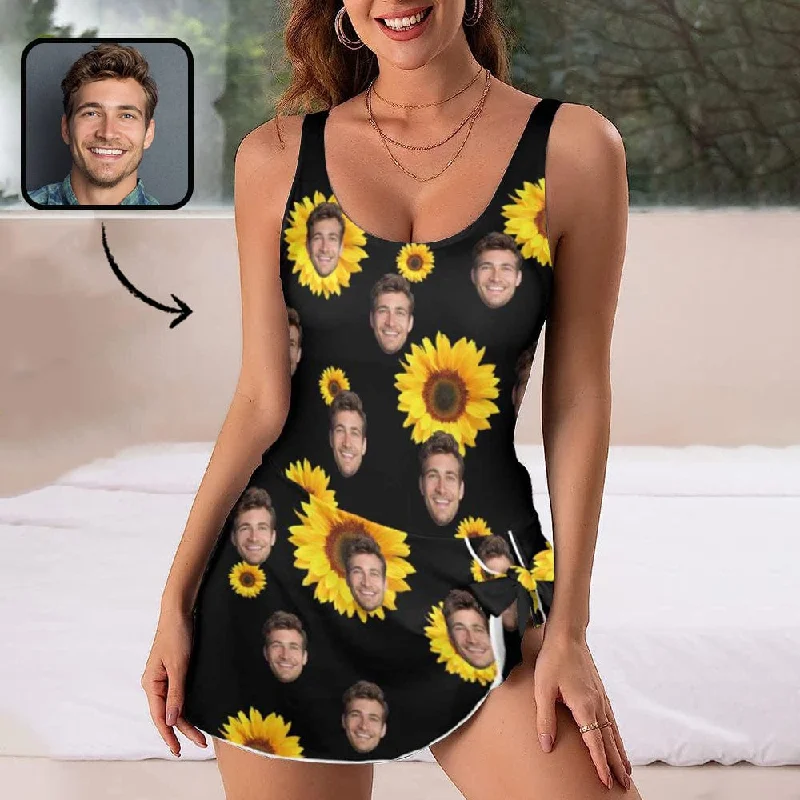 Custom Face Sunflowers Women's One Piece Skirted Swimsuit Casual Swim Dress