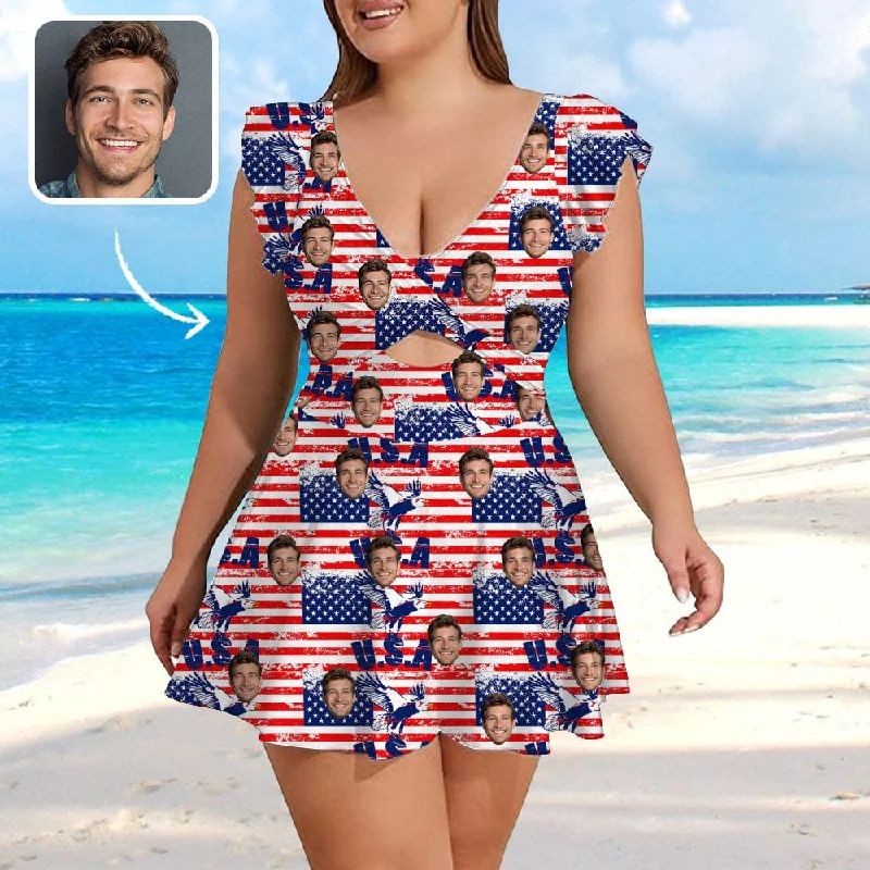 Custom Face USA Flag Style Women's Ruffle Sleeve Skirted Swimsuit Adjustable Swim Top