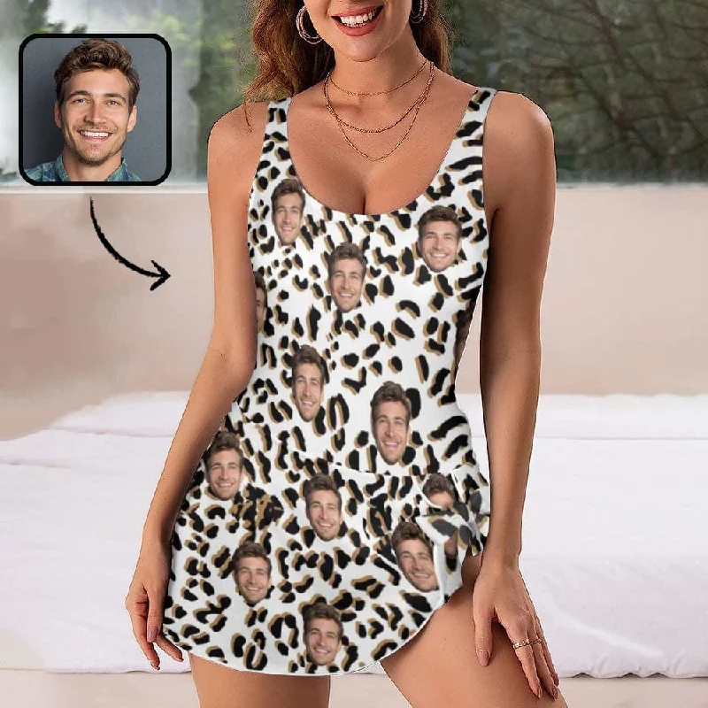 Custom Face White Leopard Pattern Women's One Piece Skirted Swimsuit Elegant Swimsuit Bottoms