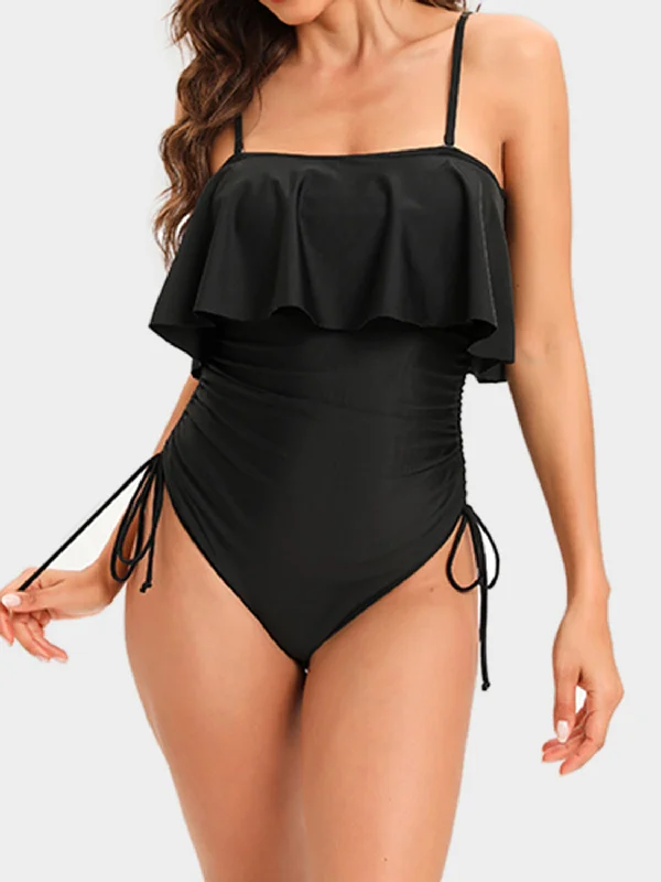 Drawstring Layered Spaghetti Strap One-Piece Swimwear Chic Swimsuit Cover-Up