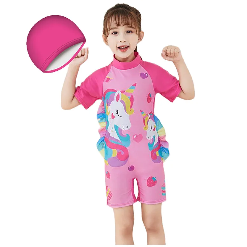 Fancydresswale Girls Swimsuits Short Sleeve Swimwear with Matching Cap -Unicorn Strawberry Casual Swim Dress