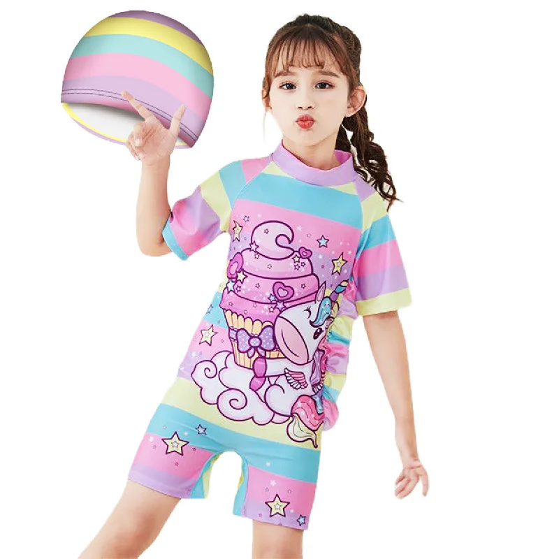 Fancydresswale Little Girls Swimsuit and Matching Cap -Unicorn cake Classic Sporty Swimsuit