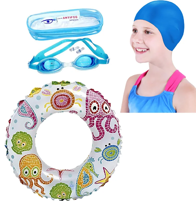 Fancydresswale Swimming Set for Kids with Swimming Goggles, Cap and Swim Ring, Random Colors and Design; Suitable of 3-6 Years Summer Ready Swimsuit