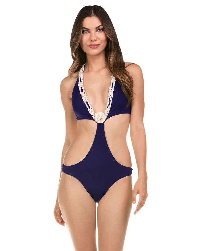 Isabella Rose Low Tide Indigo One Piece Swimsuit Ruffled Swimsuit Top