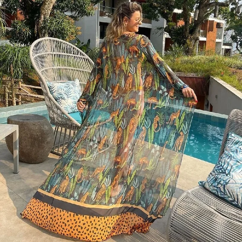 Leaves Print Bikini Beach Cover up Tunics for Beach Long Kaftan Bikini Cover up Robe de Plage Sarong Beach Swimsuit cover-ups Floral Swimwear Set