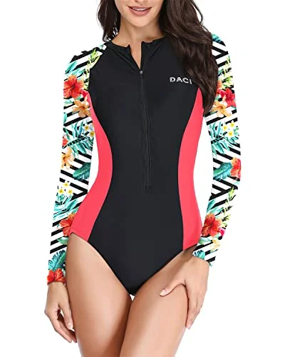 Women's One Piece Long Sleeve Swimwear Rash Guard-Black And Striped Leaves Comfortable Tankini Set