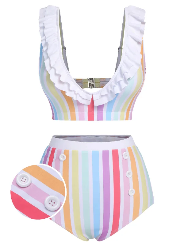 Multicolor 1950s Rainbow Stripes Swimsuit V-Neck Swim Dress