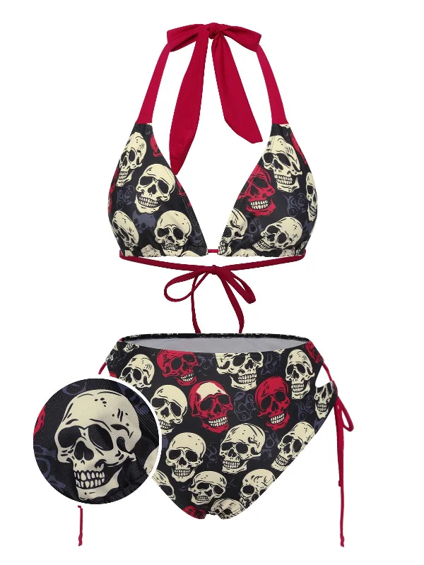 Multicolor 1950s Skull Halter Swimsuit Beach Ready Swimsuit