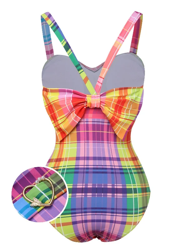 Multicolor 1970s Rainbow Plaid Bow Swimsuit Mesh Swimsuit Top