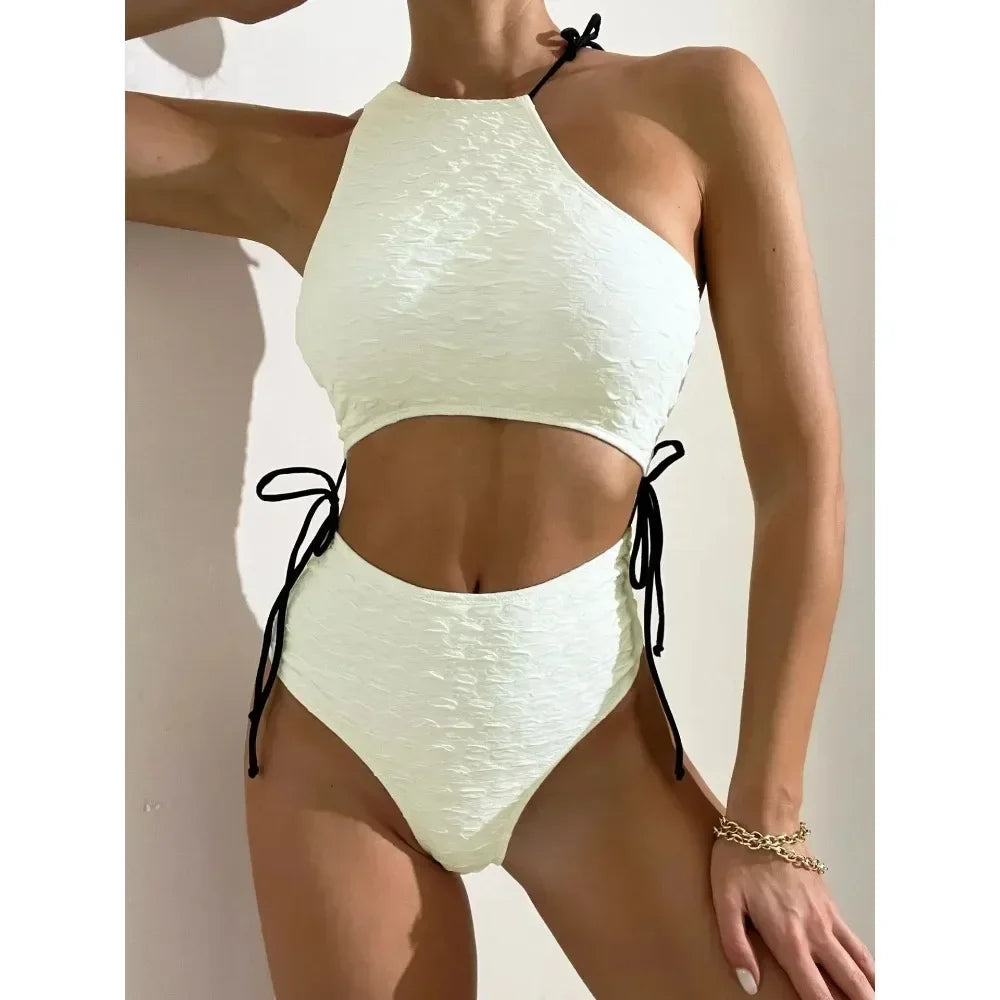 New Women Solid Color Sexy Tight Lace-up Swimsuit Exposed Waist Durable One-piece Swimsuit Sexy Cutout Swimsuit