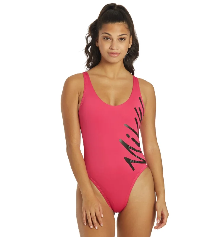 Nike Women's Multi Logo U Back One Piece Swimsuit Pink Prime V-Neck Swim Dress