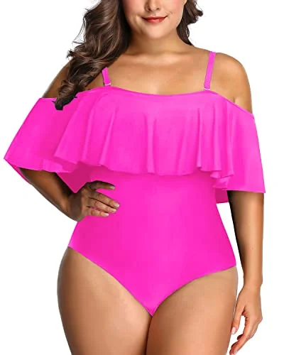 Cute Off Shoulder Flounce Swimwear For Women Plus Size One Piece-Neon Pink Elegant Ruffled Bikini