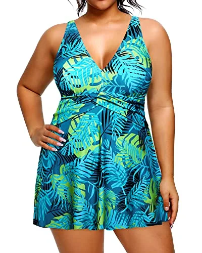 Slimming Twist Ruched Front Shirring And Draping One Piece Swimsuit-Dark Blue Green Leaves Monokini Swimsuit Design