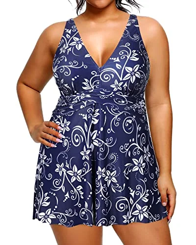 Slimming V Neck One Piece Swimdress For Big Bust Ladies-Navy Blue Floral Vibrant Bikini Design