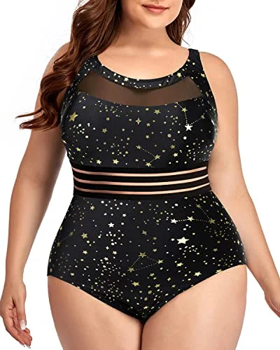 Women One Piece Swimsuits Plus Size Mesh High Neck Vintage Bathing Suits-Gold Stars Minimalist One-Piece