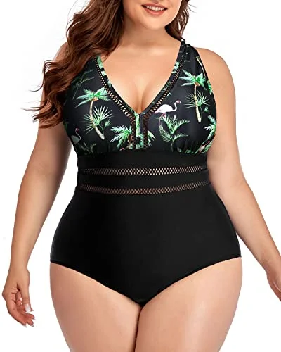 Tummy Control Cheeky One Piece Swimsuits For Women Plus Size-Black Palm Tree Vibrant Bikini Design