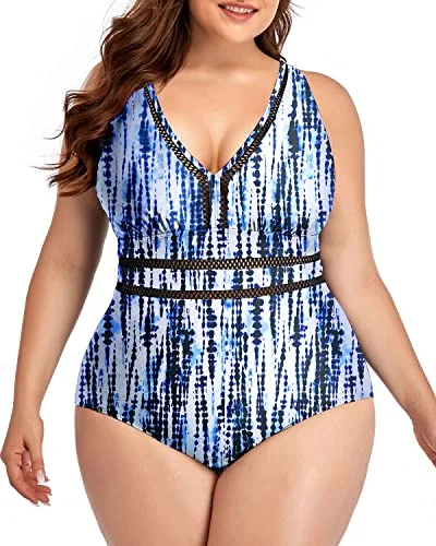 Padded Push Up Bra One Piece Swimsuits For Women Plus Size-Blue Tie Dye Classic Swimsuit Design