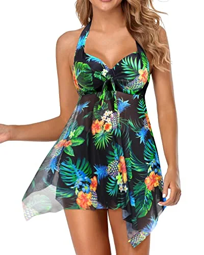 Push Up Tankini Two Piece Swim Dress Swimsuit with Boyshort Floral Print Swimsuit