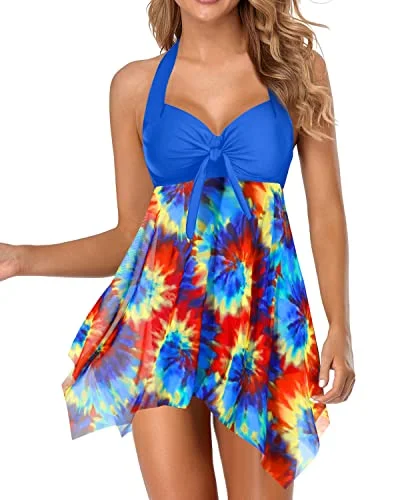 Push Up Two Piece Swim Dress With Boyshorts Underwire Swimsuits-Tie Dye Sporty Swim Shorts