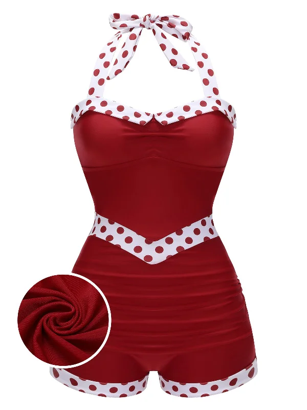 Red 1940s Halter Patchwork One-piece Swimsuit Trendy Swimsuit Bottoms