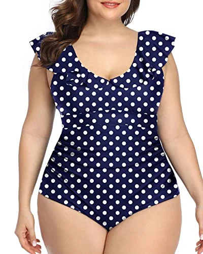 Retro Style Flounce Plus Size One Piece Swimsuit-Blue Dots Sexy Monokini Swimsuit