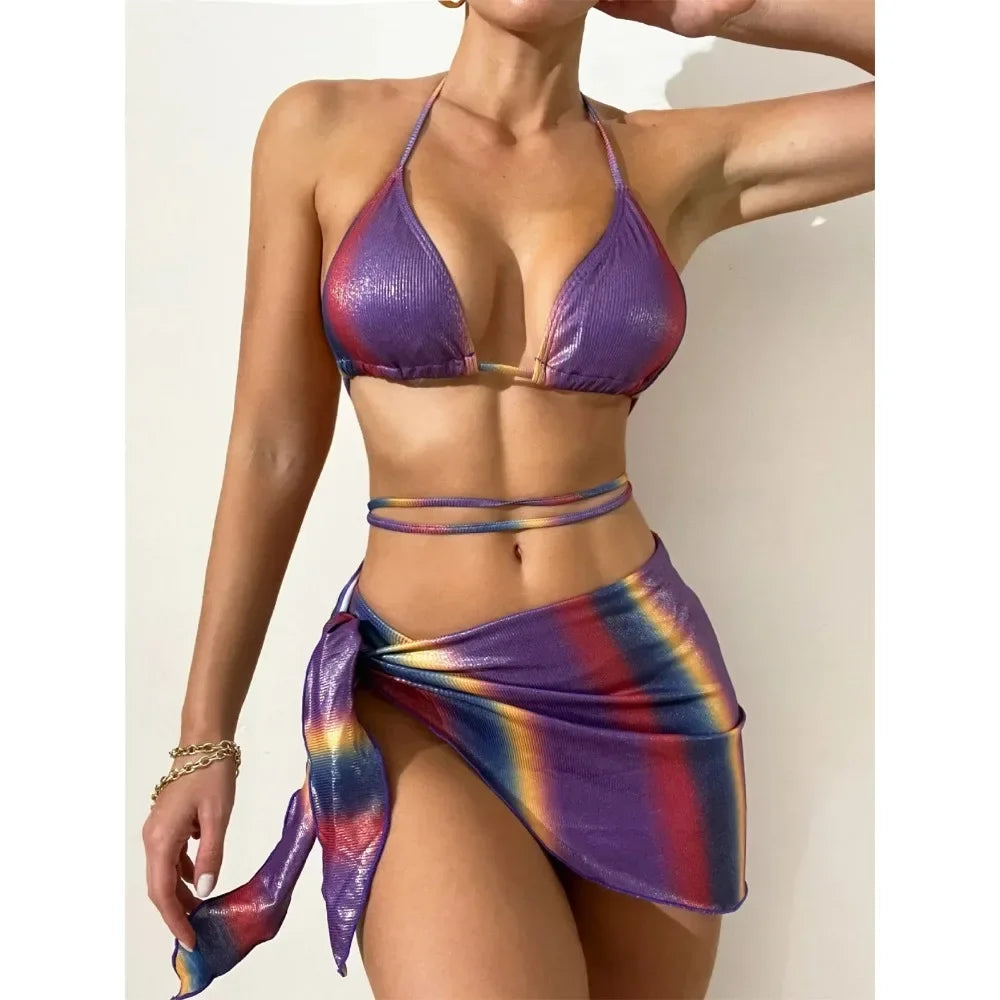 Women Shiny Colorful Gradient Push Up Bandage Skirt Swimwear 2024 Beach Bathing Swimsuit Swimsuit with Skirt