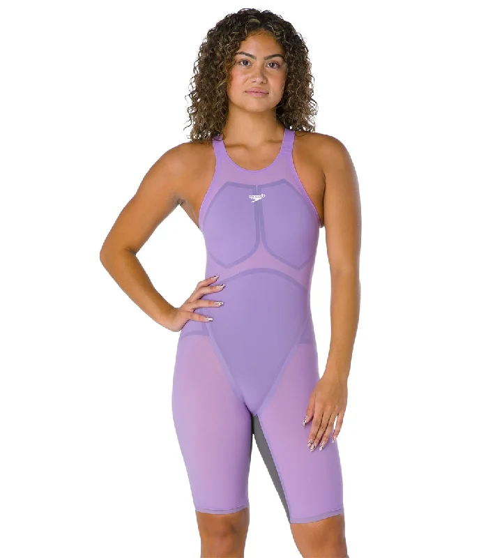 Speedo Women's Fastskin LZR Pure Valor Open Back Kneeskin Tech Suit Swimsuit Purple Reign Ruched Swimwear Set