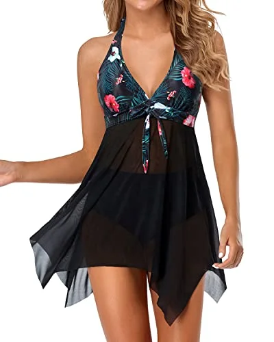 Two Piece Swim Dress Swimsuit Women's Halter Bathing Suit Dress Vibrant Bikini Bottoms