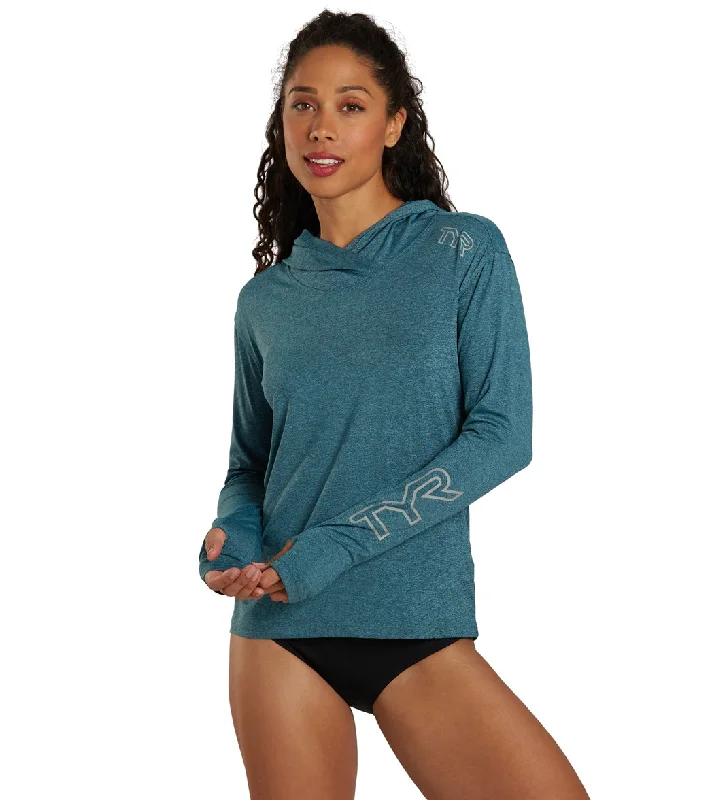 TYR Women's SunDefense Long Sleeve Hooded UPF 50+ Swim Shirt Majolica Heather Soft Beachwear Set