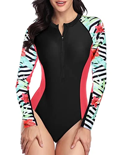 Full Coverage One Piece Long Sleeve Rash Guard Swimsuit-Black And Striped Leaves Comfortable Swim Dress