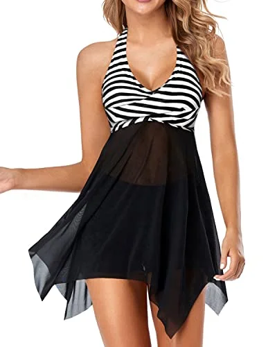 Two Piece Halter V Neck Mesh Swim Dress With Boyshorts-Black And White Stripe Halter Neck Swimsuit