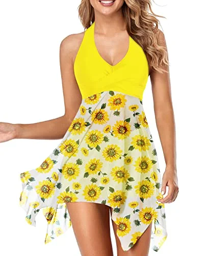 V Neck Mesh Halter Tankini Swim Dress Women's Two Piece Swimsuit-Yellow Floral Chic Bikini Set