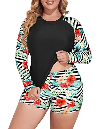 Plus Size Long Sleeve Rash Guard Swimsuit Set Boy Short Swimwear-Black And Striped Leaves Ruffled Swimsuit Top