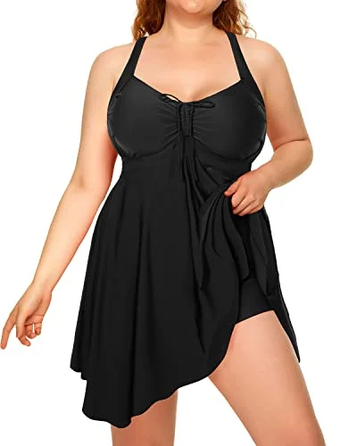 Women's Flowy Tankini Bathing Suit Plus Size Two Piece Swimdress-Black Chic Swimsuit Cover-Up