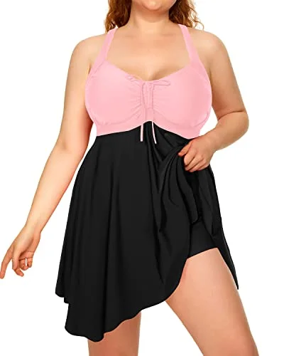 Women's Retro Elegant Skirted Plus Size Two Piece Swimdress-Pink And Black Adjustable Strap Swimsuit