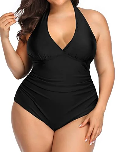 Ruched Tummy Control V Neck Plus Size One Piece Swimsuits-Black Deep-V Swimsuit Design