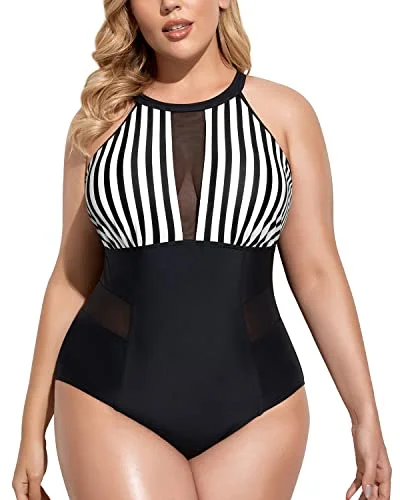 Chic Cut Out High Neck Plus Size Monokini Swimwear-Black And White Stripe Push-Up Bikini Top