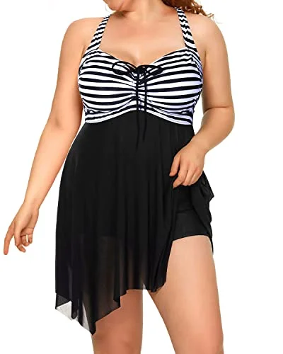 Sexy Criss-Cross Open Back Mesh Swim Dress For Women-Black And White Stripe Quick-Dry Tankini