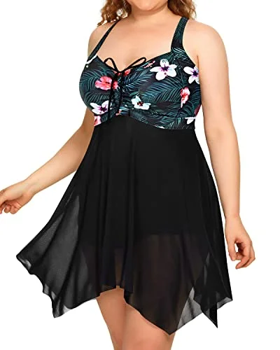 Irregular Hem Mesh Swim Dress Boyshorts Long Torso Swimsuits-Black Floral High-Waisted Swim Bottoms